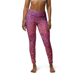 Mandala Glow Yoga Leggings featuring a vibrant cherry-hued mandala print, high-waist design, and buttery-soft four-way stretch fabric, perfect for yoga, workouts, and casual wear.