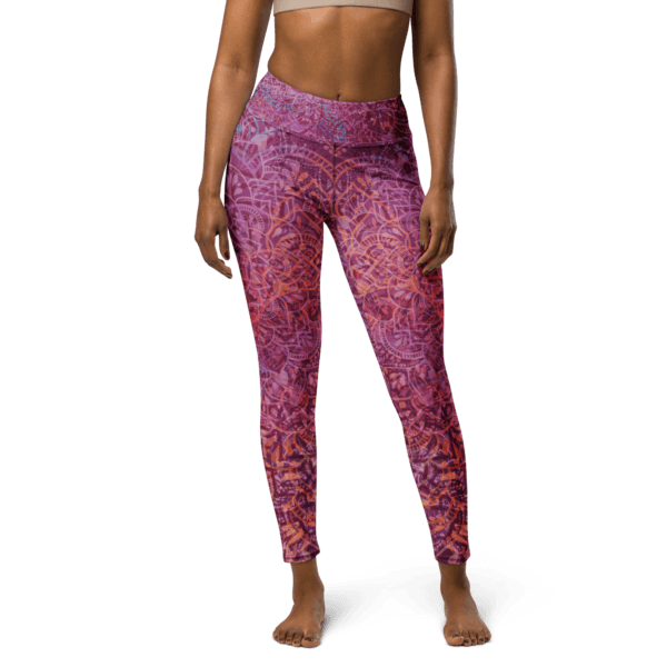 Mandala Glow Yoga Leggings featuring a vibrant cherry-hued mandala print, high-waist design, and buttery-soft four-way stretch fabric, perfect for yoga, workouts, and casual wear.